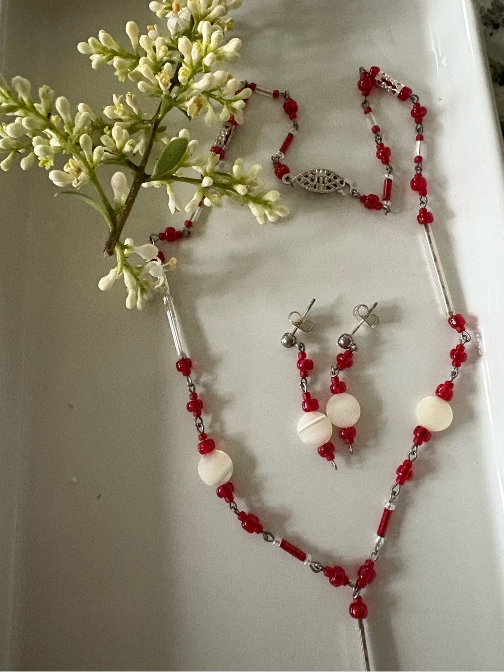Handcrafted Red Beaded Necklace & Earring Set - Women's Jewelry